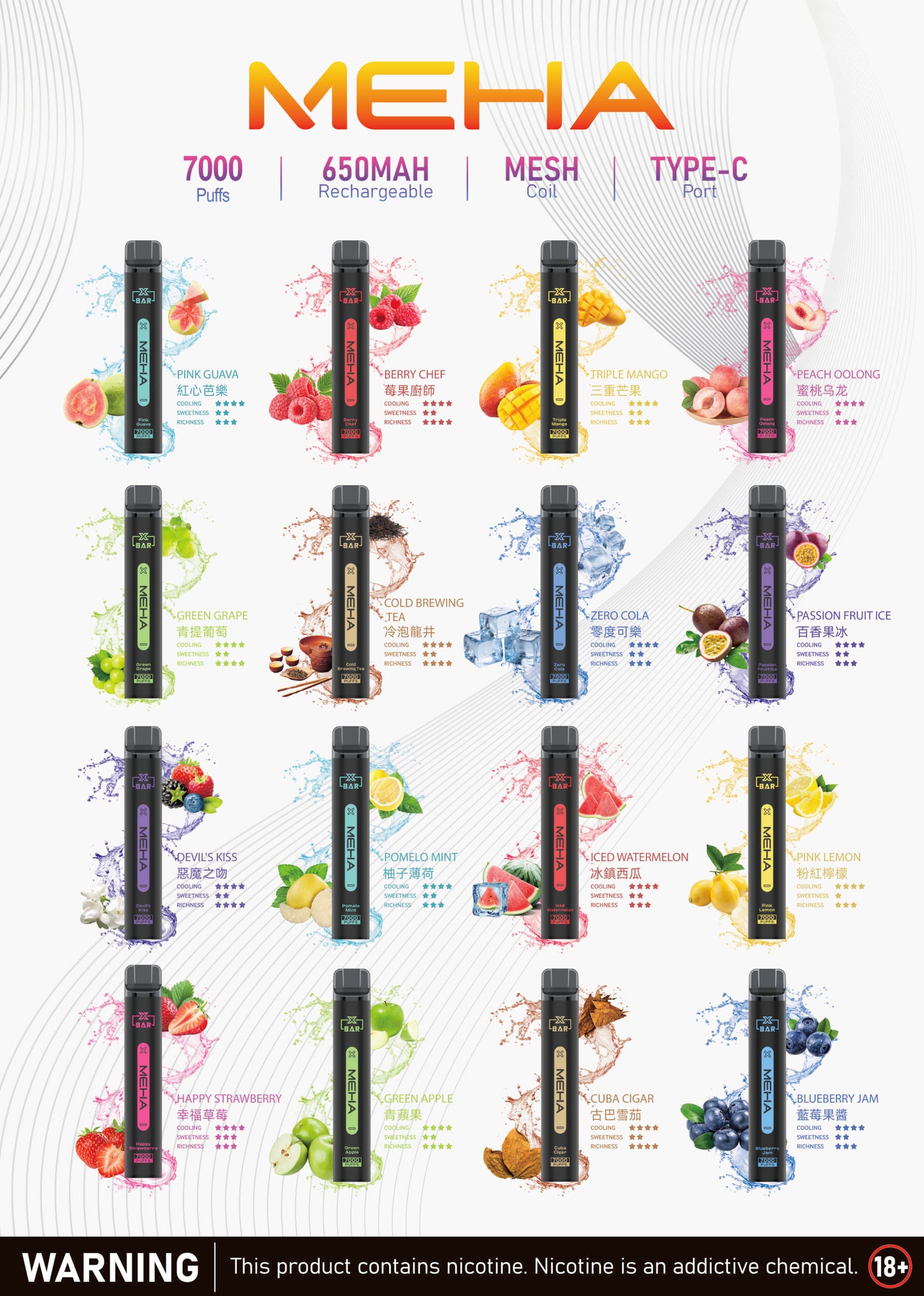 魅嗨MEHA X BAR小黑條 7000口一次性電子煙｜原廠正品｜大容量一次性拋棄式｜16種口味-VAKA糖果雲煙館