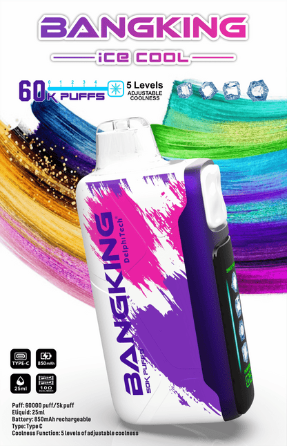 【Bang King  Ice Cool 60000口拋棄式】爆款上新/一次性超大容量5級可調涼度可充電電子煙/派對解癮神器-VAKA糖果雲煙館